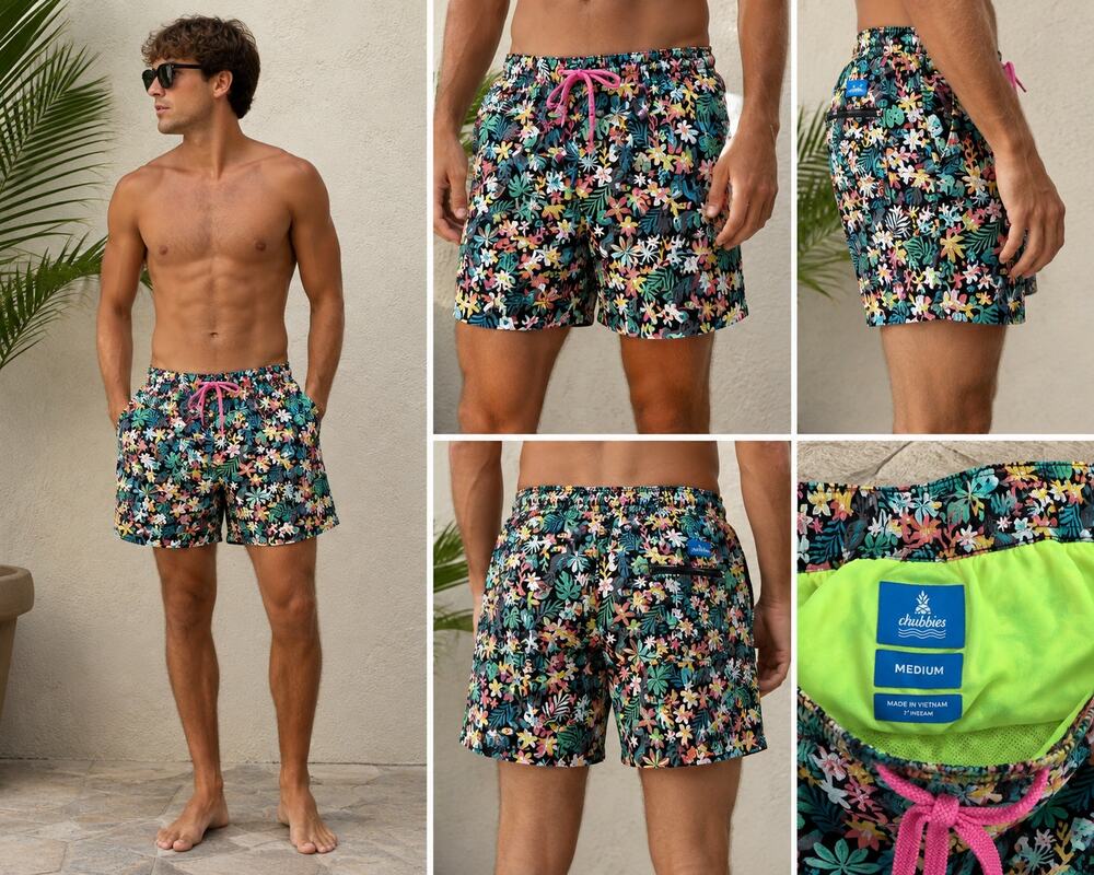 Chubbies Tropical Toucan Swim Trunks Men's Medium 7" Inseam Lined Beach Shorts